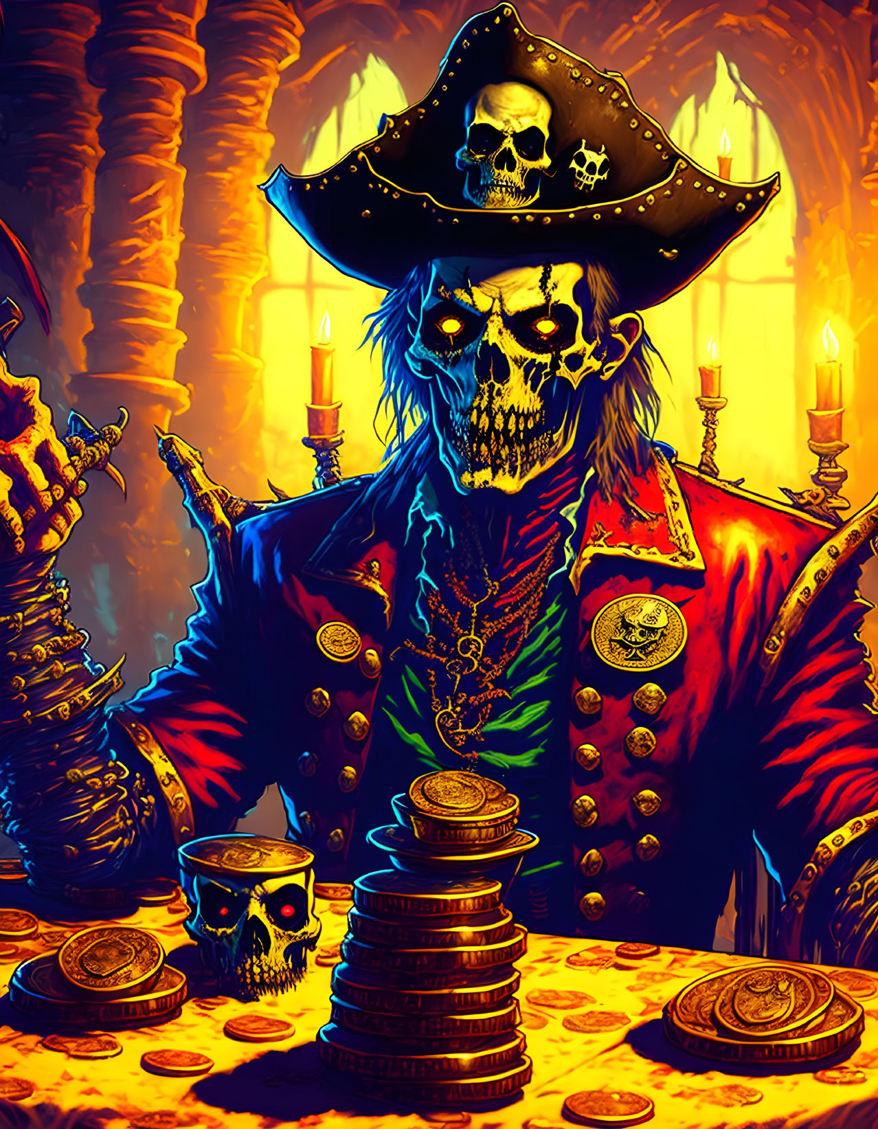 Skeletal pirate captain with tricorn hat at gold coin table