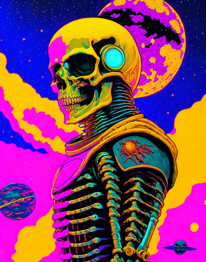 Colorful Skeleton Astronaut in Psychedelic Space Scene