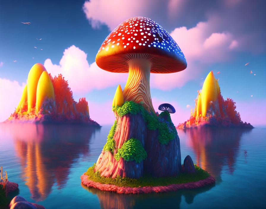 Colorful Fantasy Landscape with Giant Mushroom on Islet & Autumnal Trees Under Sunset Sky