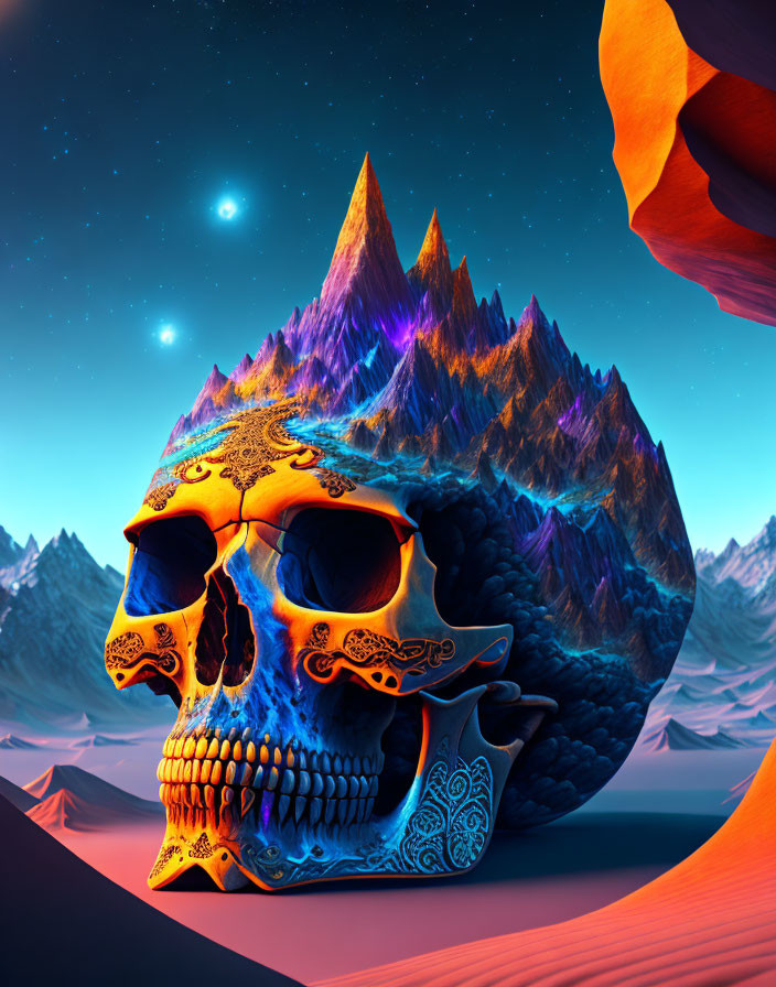 Colorful Decorated Skull with Mountainous Patterns in Twilight Desert Landscape