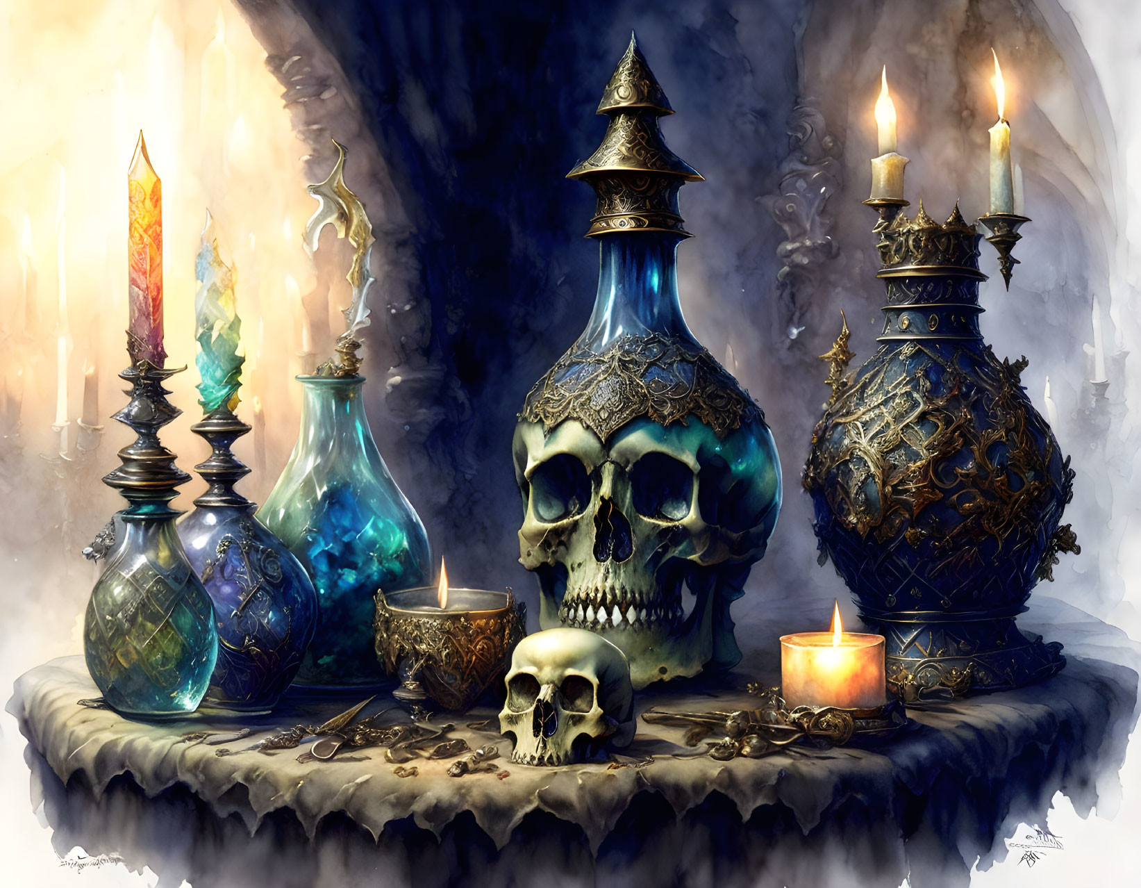 Ornate bottles, skulls, candle, and crystal on draped table