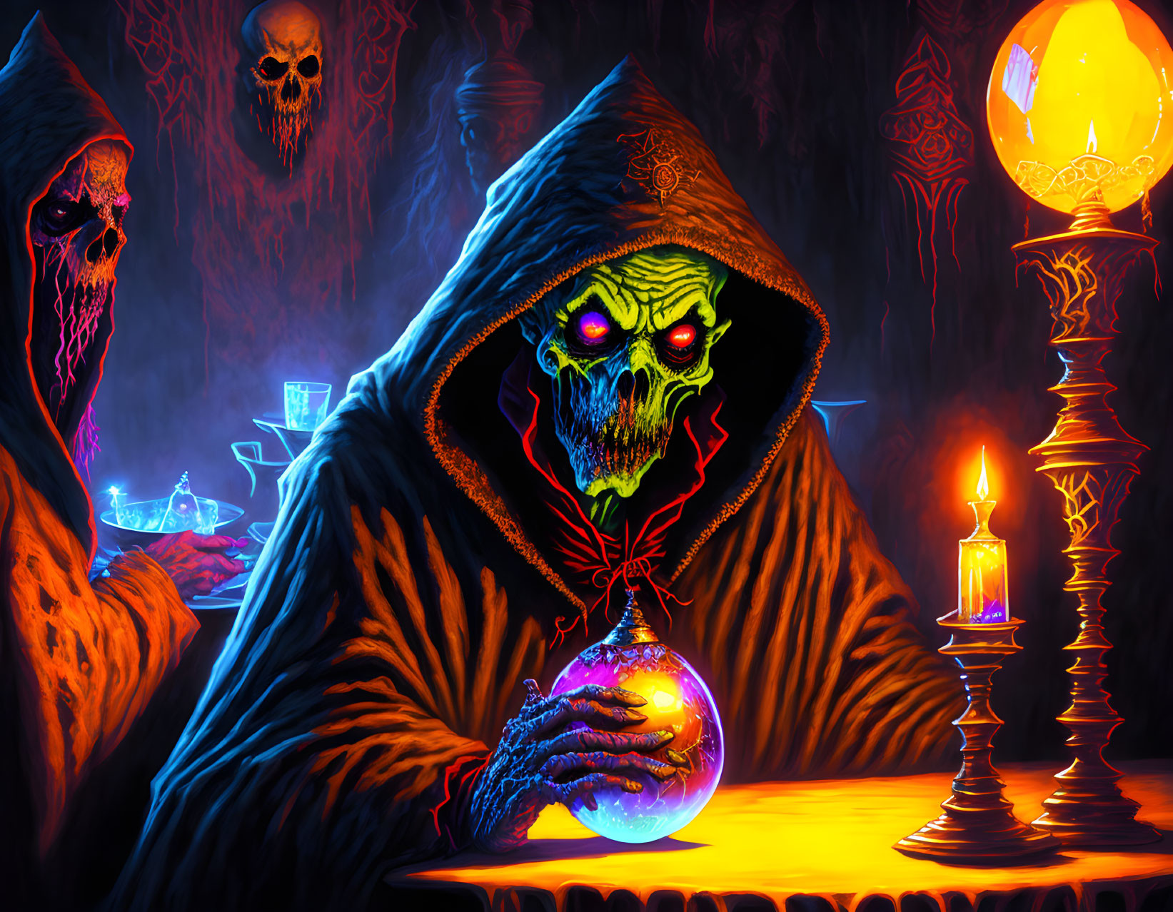 Hooded figure with glowing eyes holding a crystal ball among candles and skulls