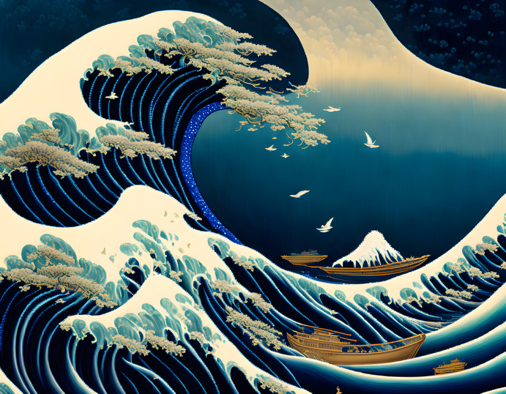 Stylized blue and white wave with boats and birds under starry sky