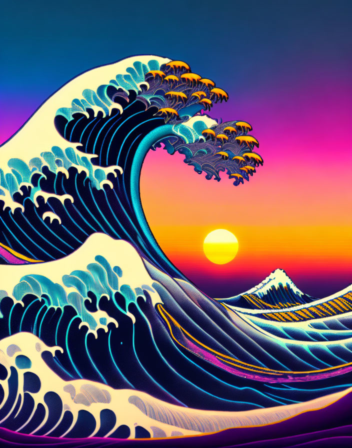 Vivid reinterpretation of a famous wave painting with psychedelic colors