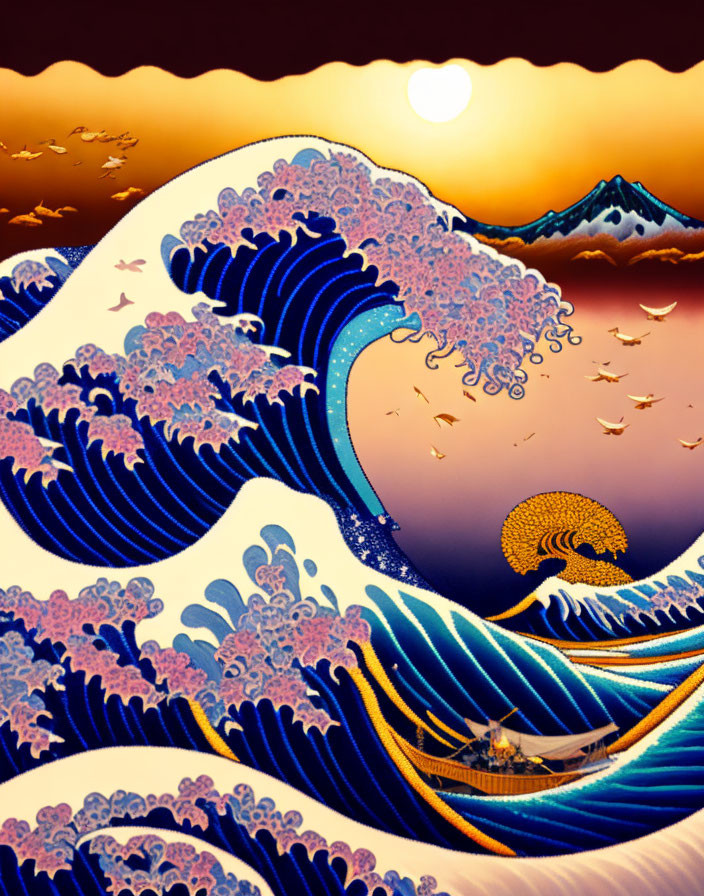 Vivid blue and purple Great Wave with boats under golden moon