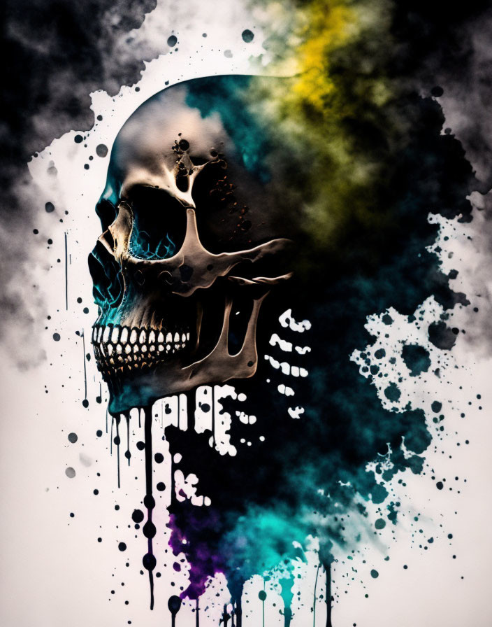 Skull graphic with multicolored smoke and ink drips on dark background