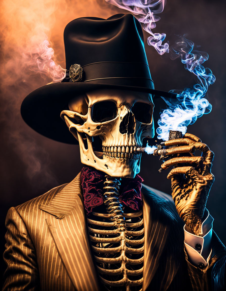 Skeleton in Top Hat Smoking Pipe with Colorful Smoke on Dark Background