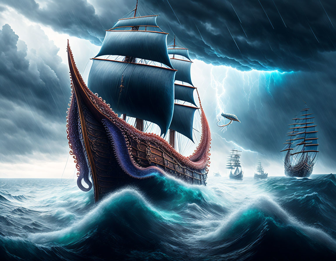 Dark sails ship battles giant octopus in thunderstorm at sea