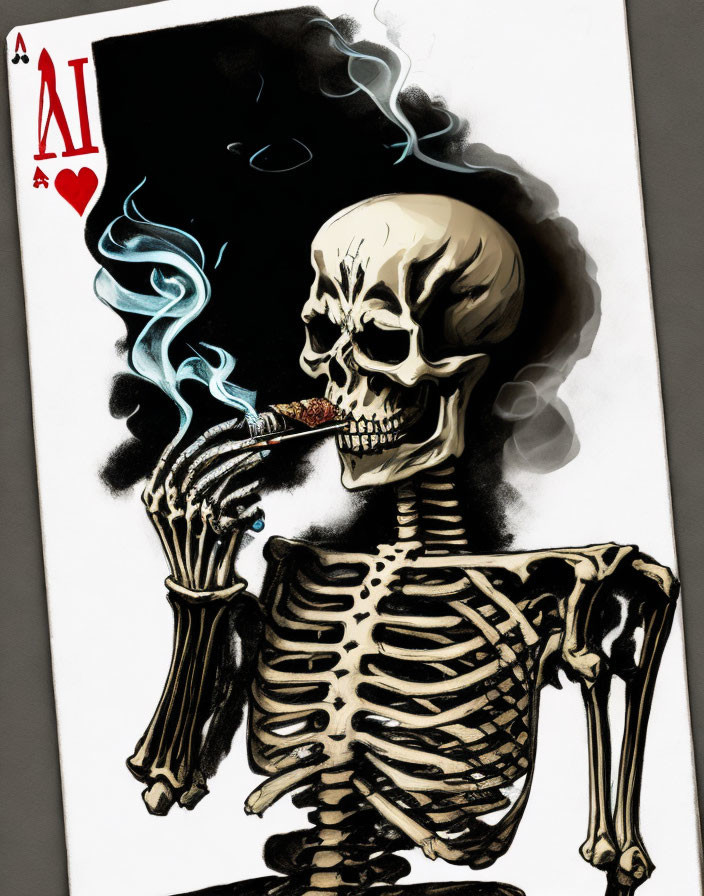 Skeleton smoking cigar on ace of hearts card with swirling smoke