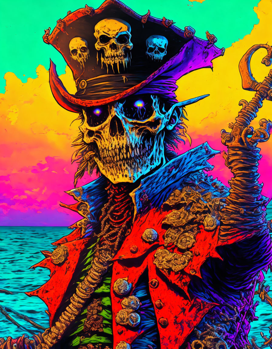 Colorful digital artwork: Skeletal pirate in tricorne hat with glowing blue eyes, red coat