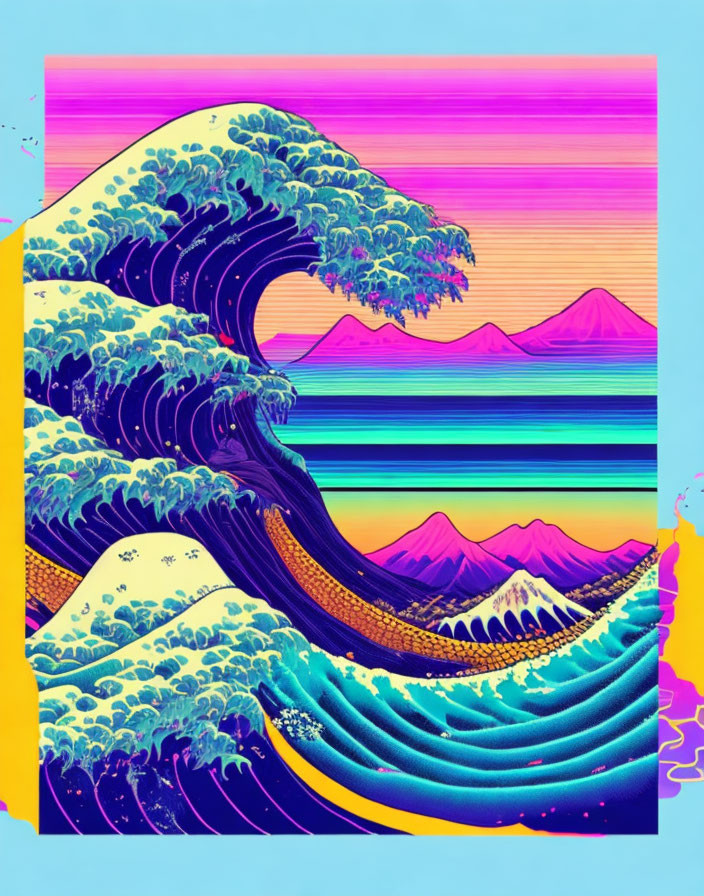 Psychedelic Great Wave off Kanagawa in Pink and Purple