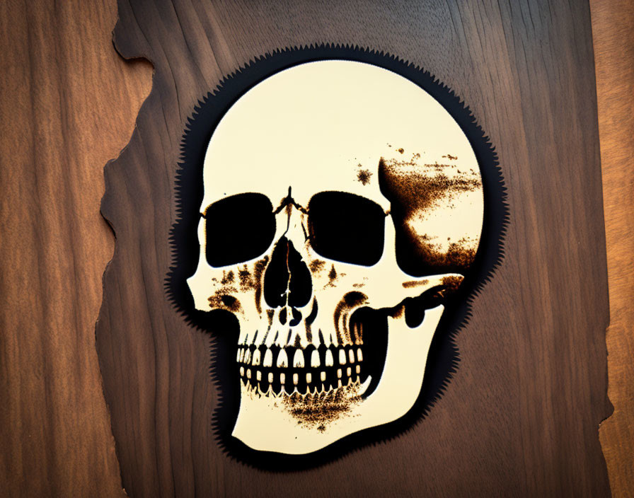 Skull graphic with dark outline on wood grain background