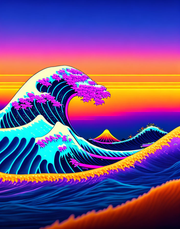 Colorful digital artwork: stylized ocean waves, pink and blue palette, gradient sunset sky.