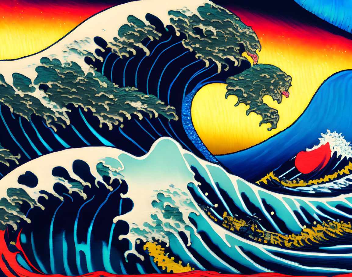 Colorful Stylized Wave Artwork with Blue, White, and Golden Hues