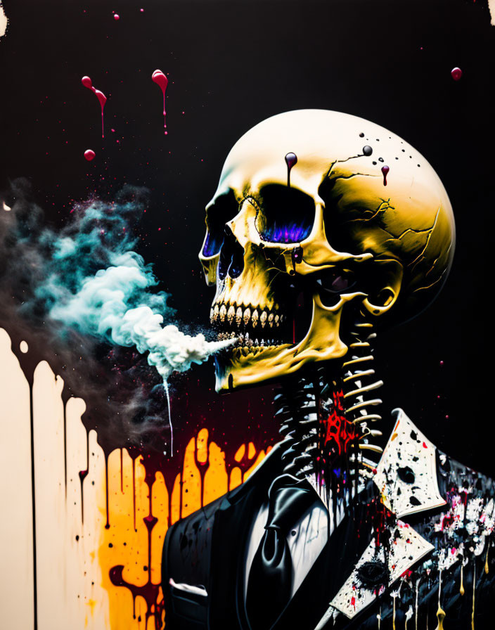 Colorful Skeleton in Suit Exhaling Blue Smoke on Dark Background