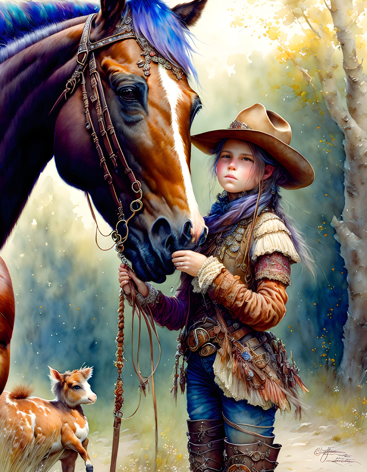 Young girl in cowboy hat with horse and dog in autumn forest.