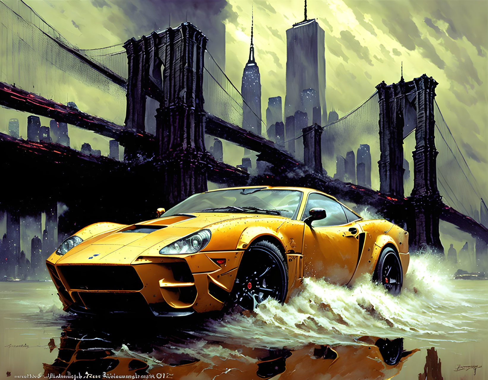 Yellow sports car racing in rain with Brooklyn Bridge and NYC skyline.