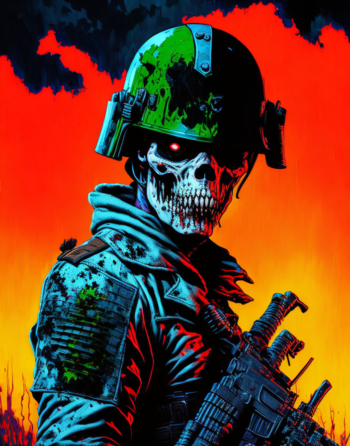 Menacing skeletal soldier with green helmet and gun on fiery background