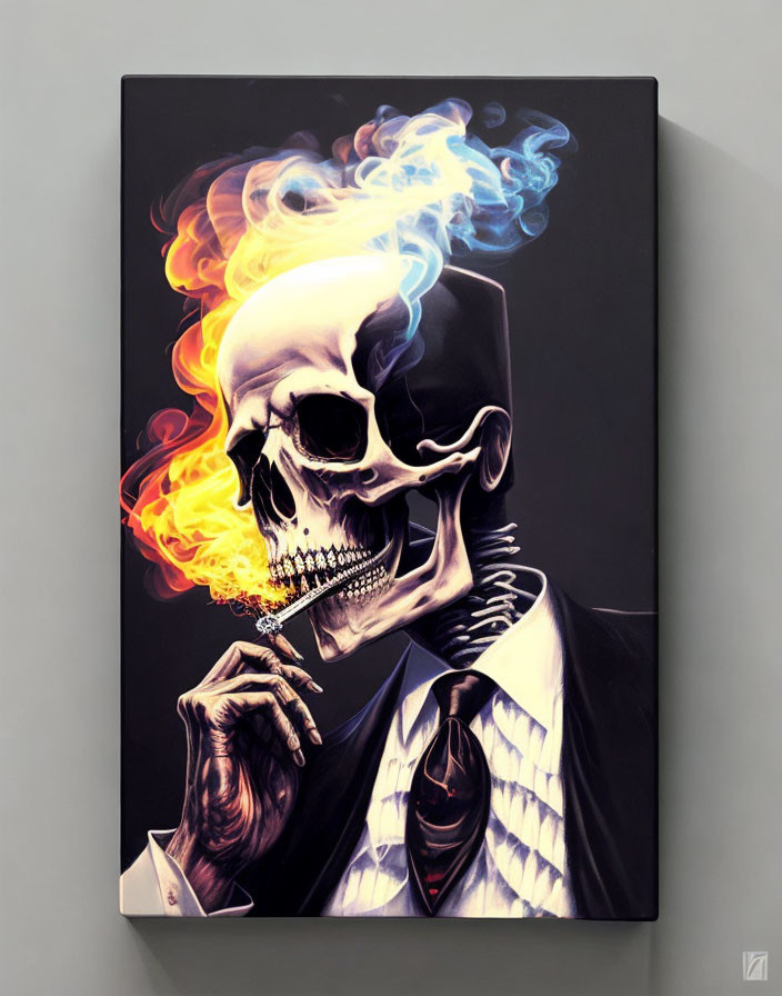 Colorful smoke rises from skeleton in suit with cigarette