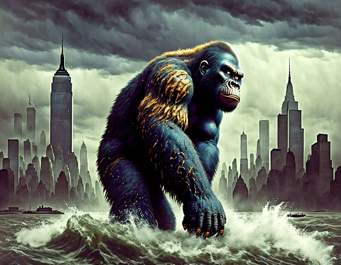 Giant gorilla emerges from ocean with stormy cityscape background