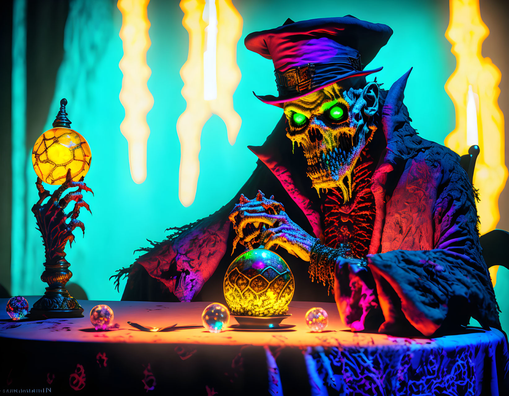 Colorful Skeleton in Purple Cloak with Crystal Ball and Globe