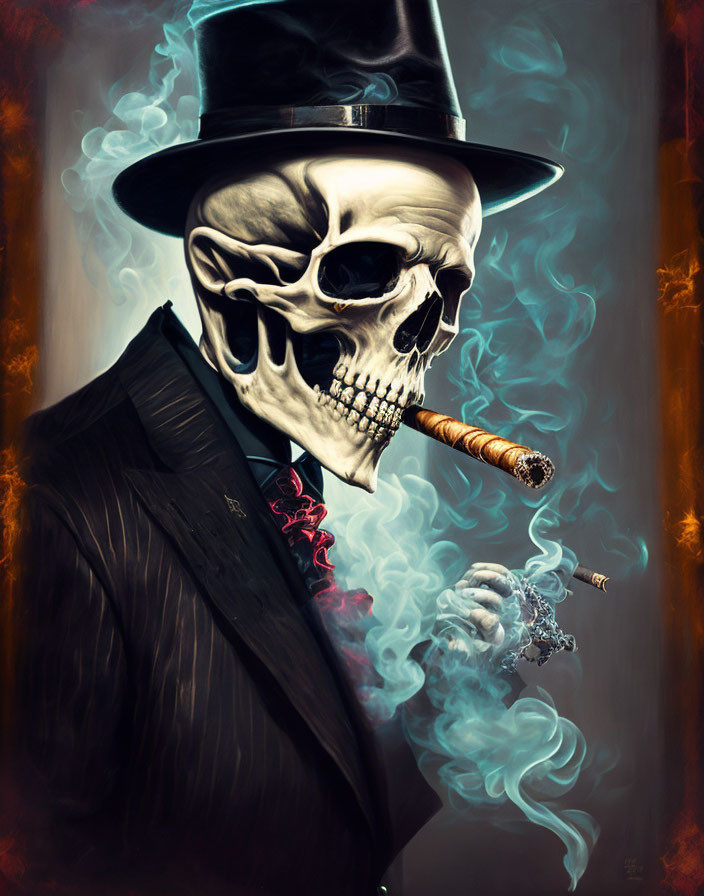 Sophisticated skull with top hat and suit smoking cigar in stylized art