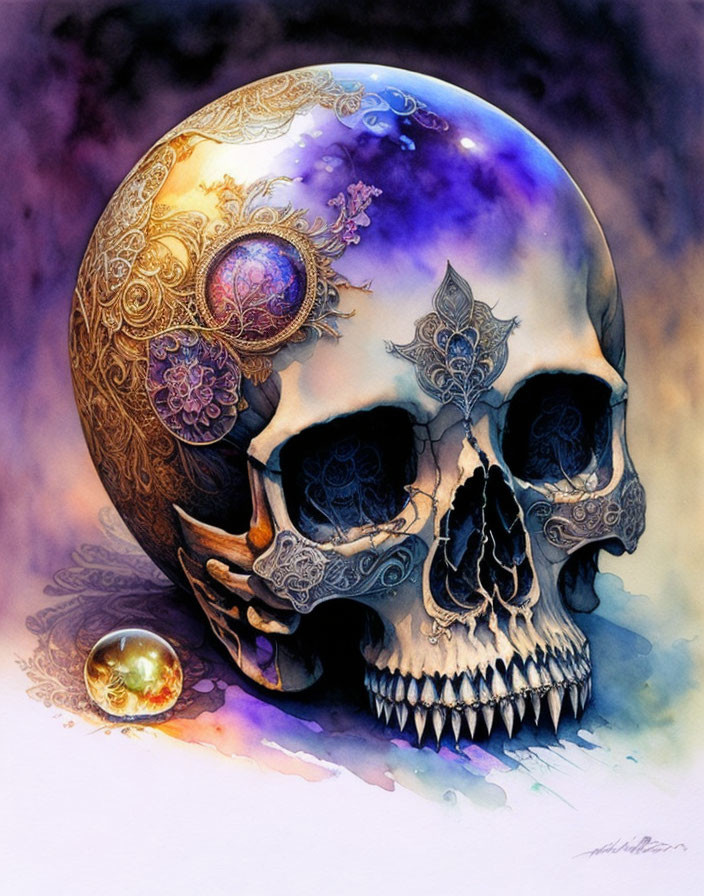 Skull with Gold Patterns on Purple and Gold Background