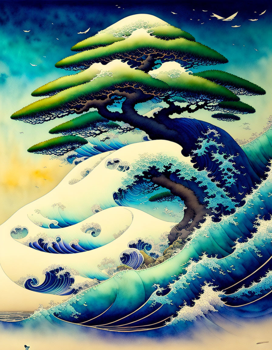 Digital artwork: Japanese wave and tree fusion in vivid blues, greens, and white foam