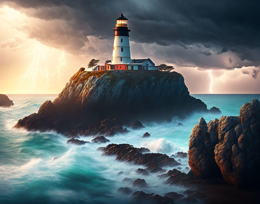 Lighthouse on rugged cliff with stormy sky and crashing waves