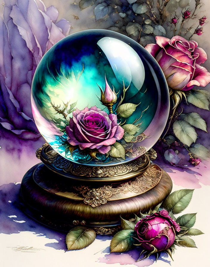 Illustration of crystal ball with rose and flowers on ornate stand