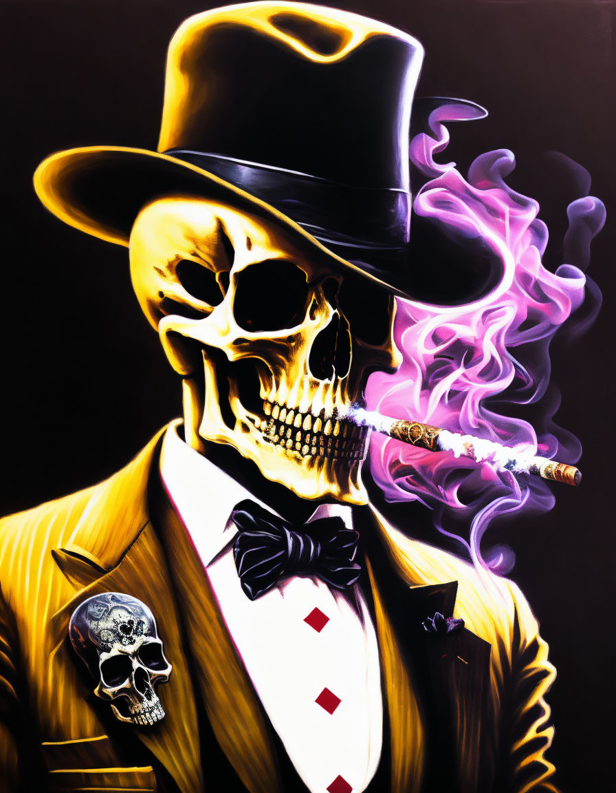 Colorful Skeleton in Top Hat Smoking Cigar in Yellow Suit