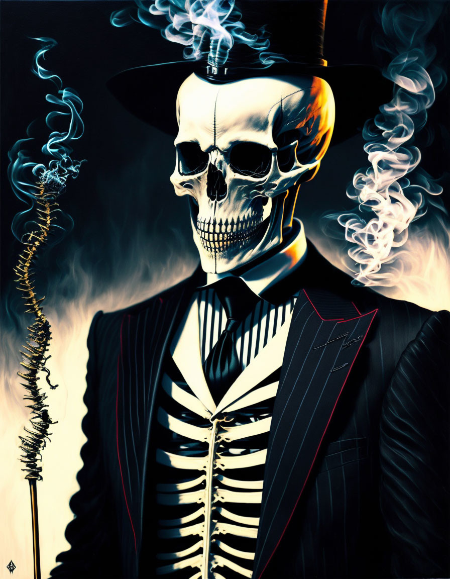 Skeleton in suit and top hat with incense stick in swirling smoke.