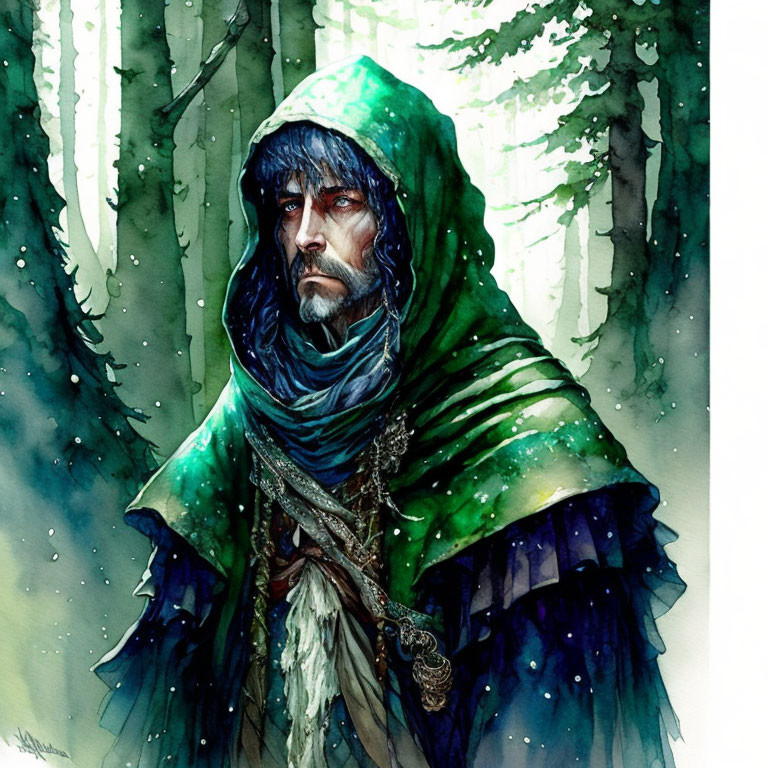 Bearded Man in Green Cloak Contemplates in Forest