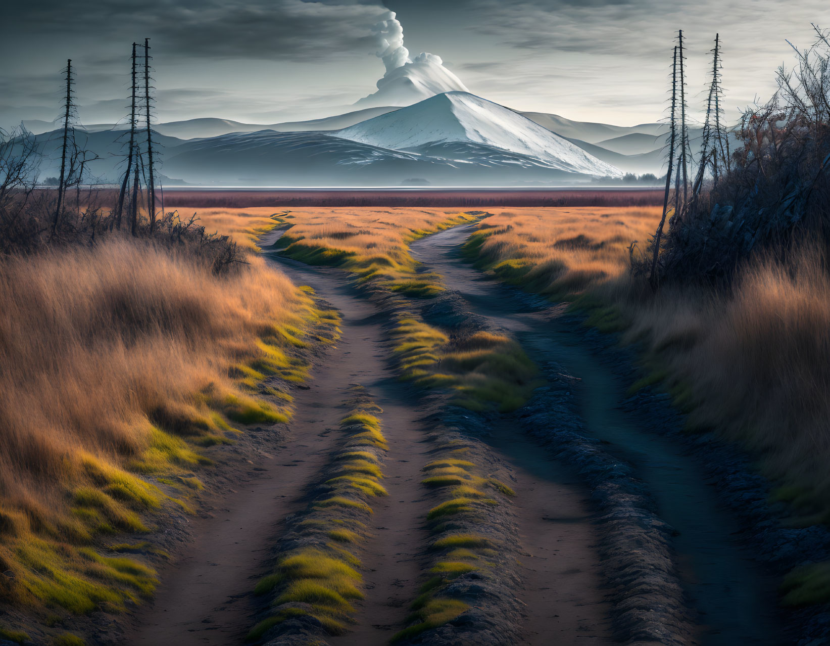 Grassy field with dirt road and snow-capped mountain