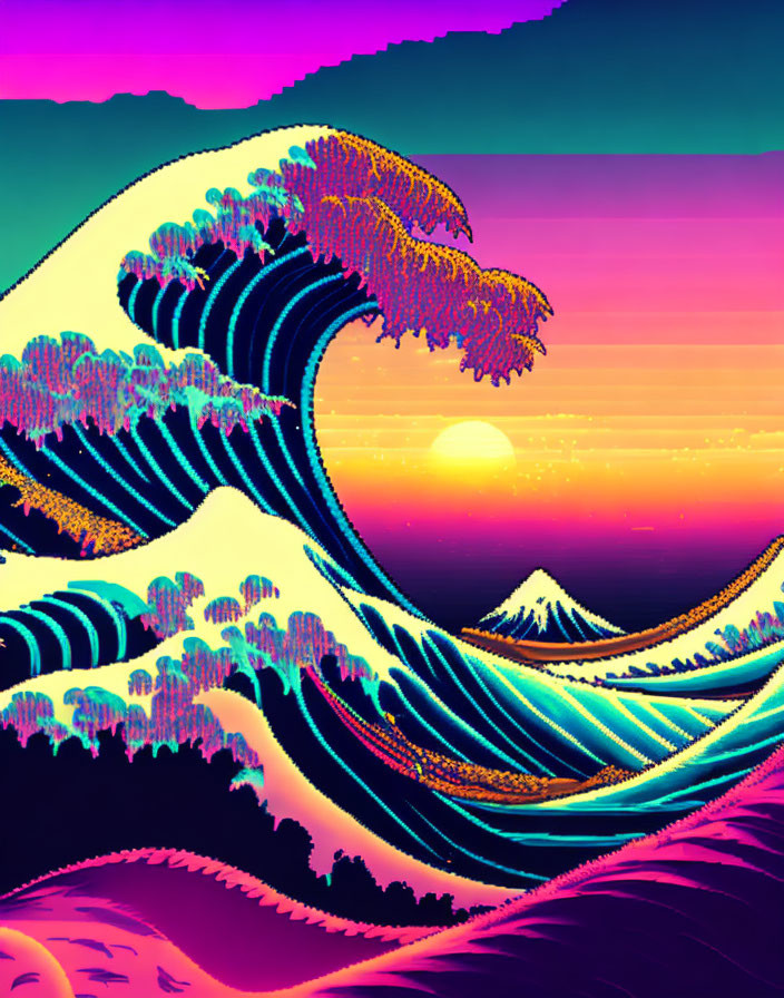 Colorful digital artwork: stylized wave, gradient sky, distant mountain