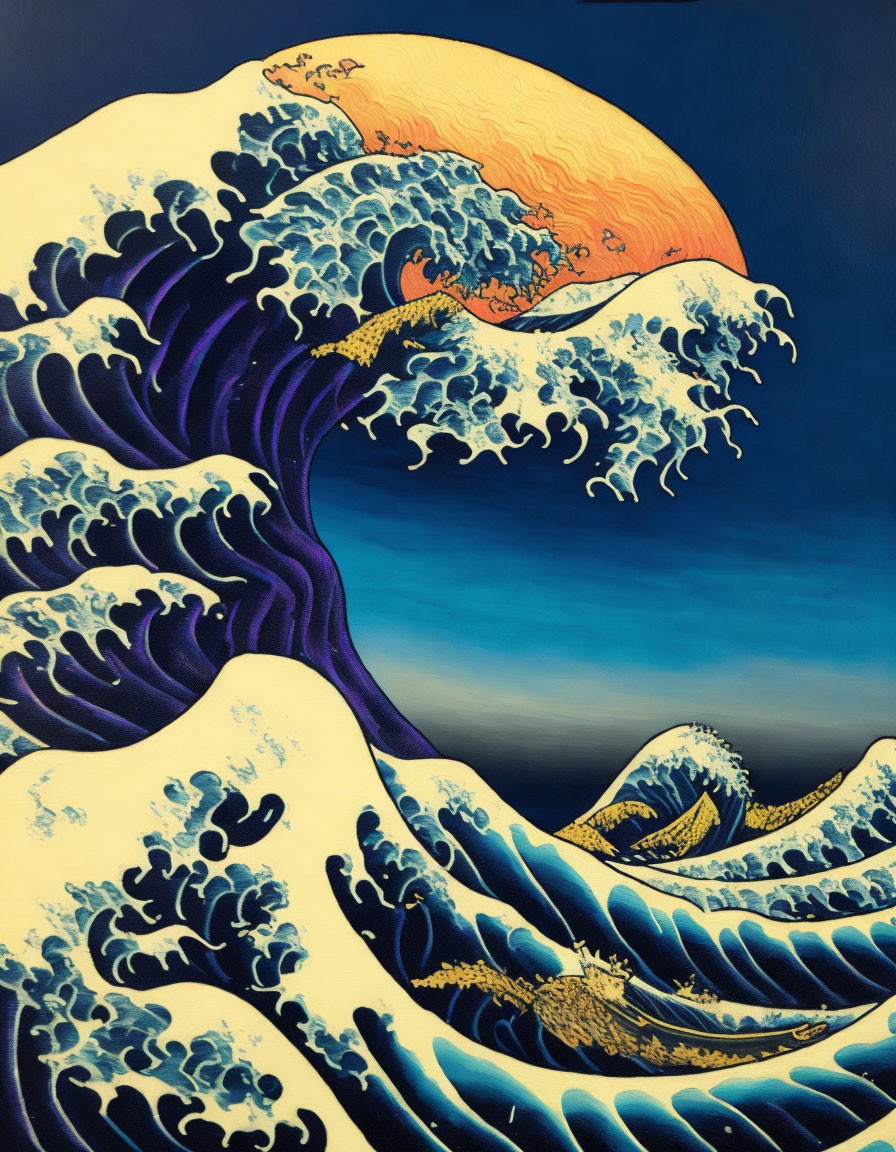 Stylized image of large blue waves with white foam crests and a yellow-orange half-sun