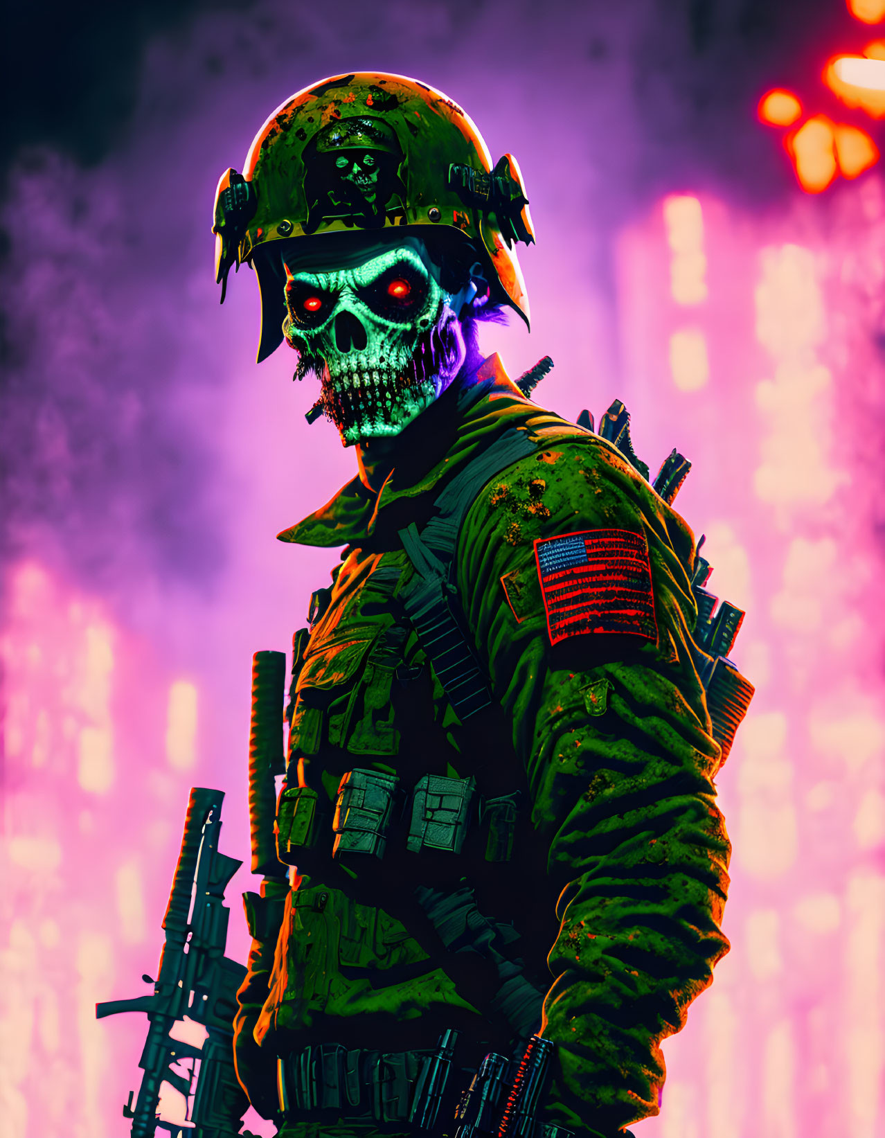 Stylized skeleton soldier in combat gear against neon-lit cityscape