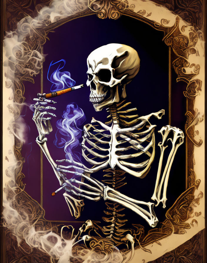 Skeleton with cigarette in ornate oval frame emits macabre aura