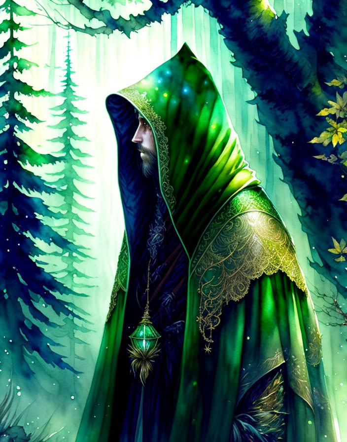 Mystical forest scene with cloaked figure holding lantern