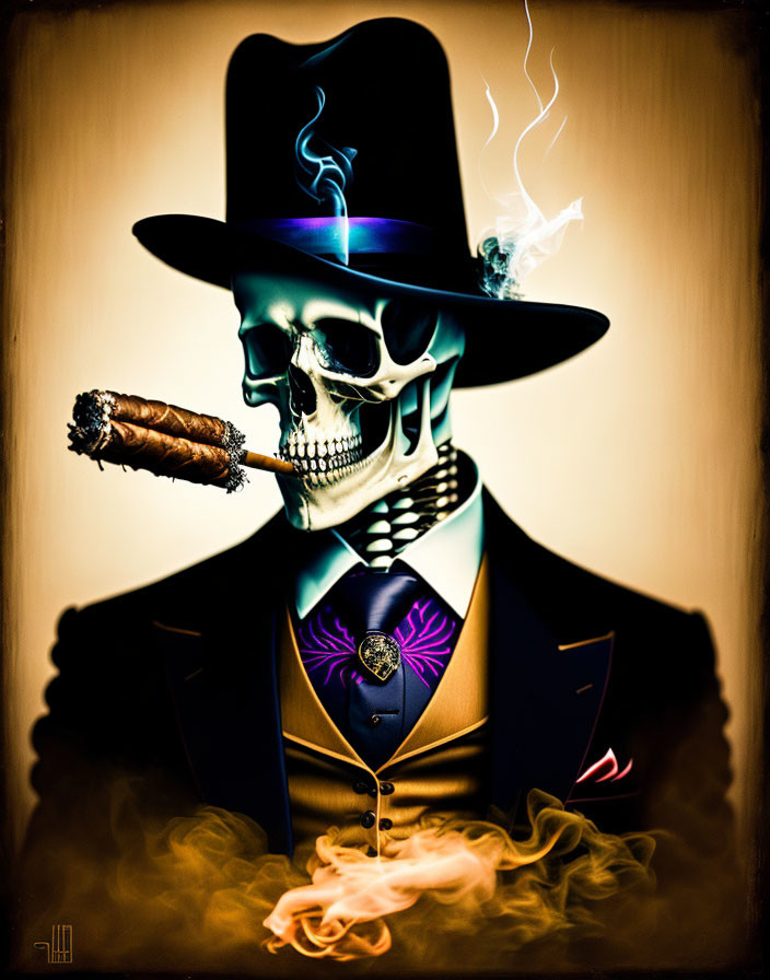 Skeletal figure in suit and top hat smoking cigar with ethereal smoke