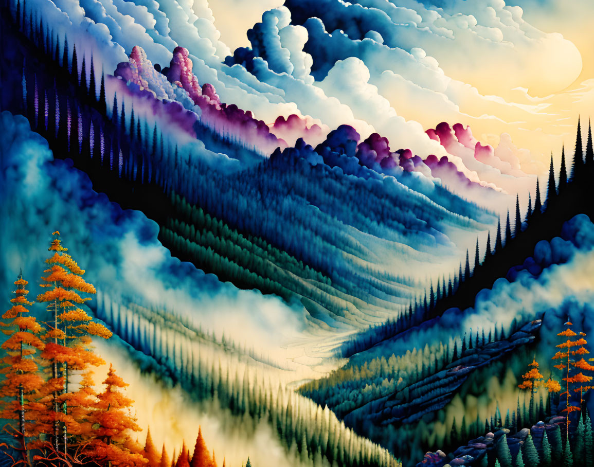 Scenic landscape painting of forested hills under dramatic sky