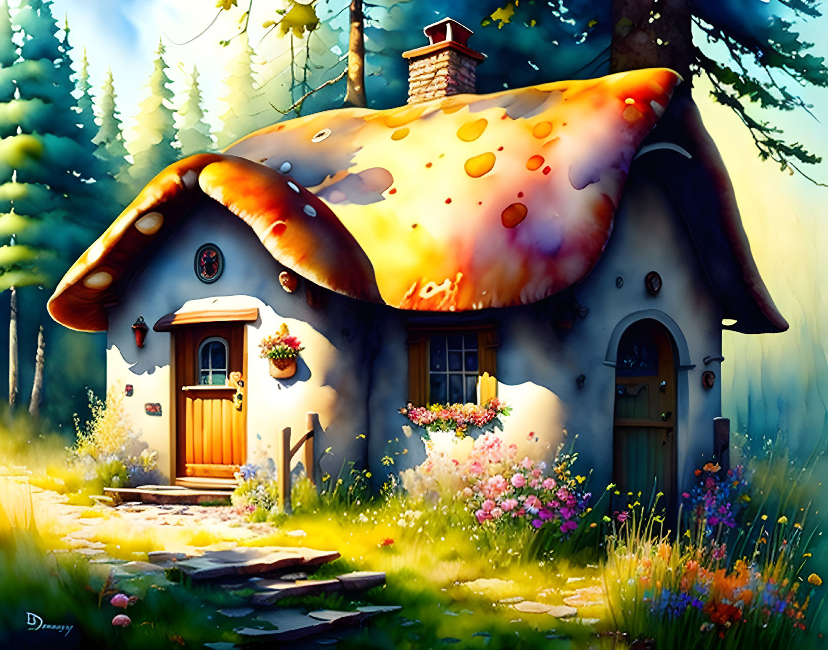 Whimsical mushroom-shaped roof on enchanting forest cottage