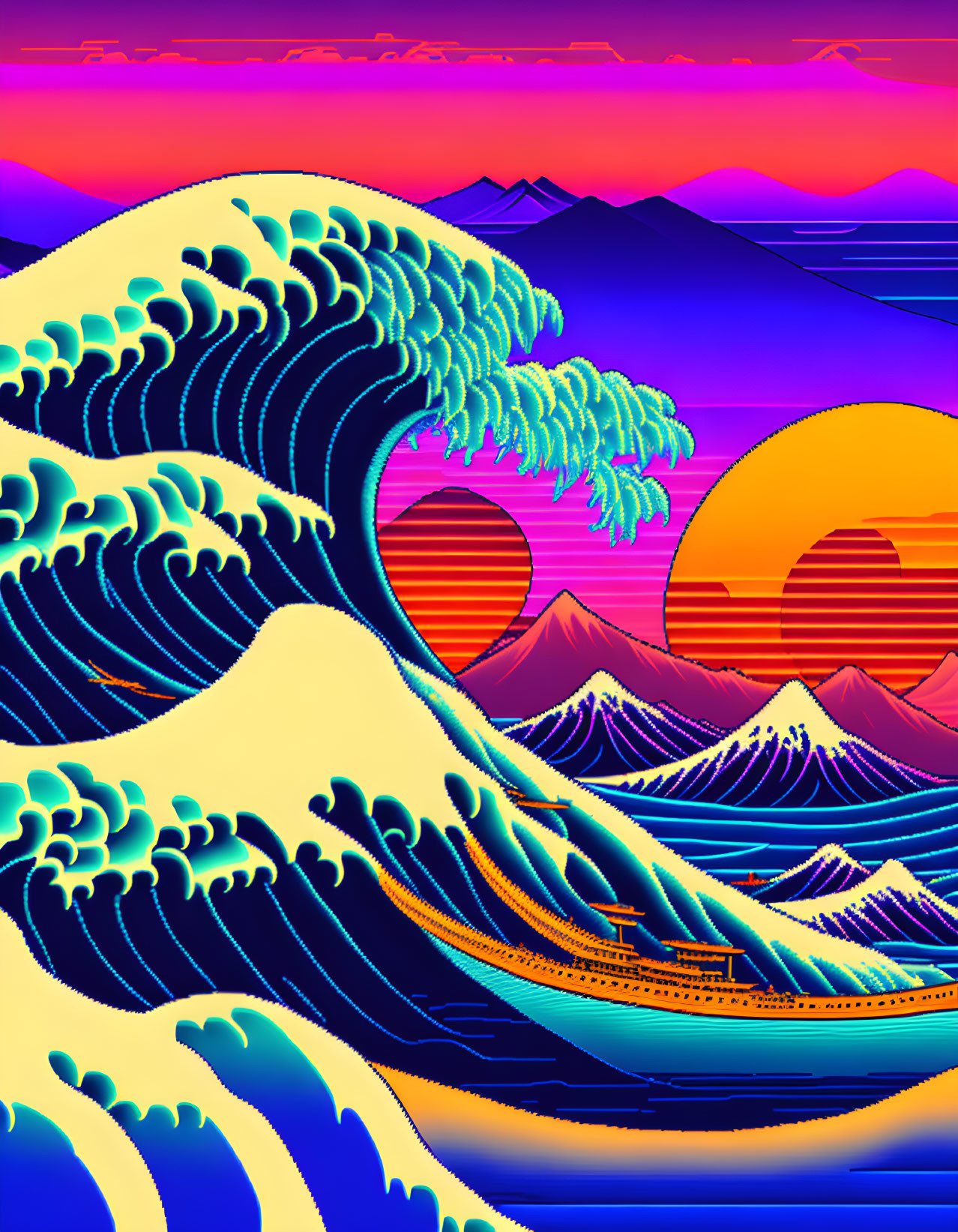 Neon-colored digital art: Wave, mountains, sun in retro-futuristic style