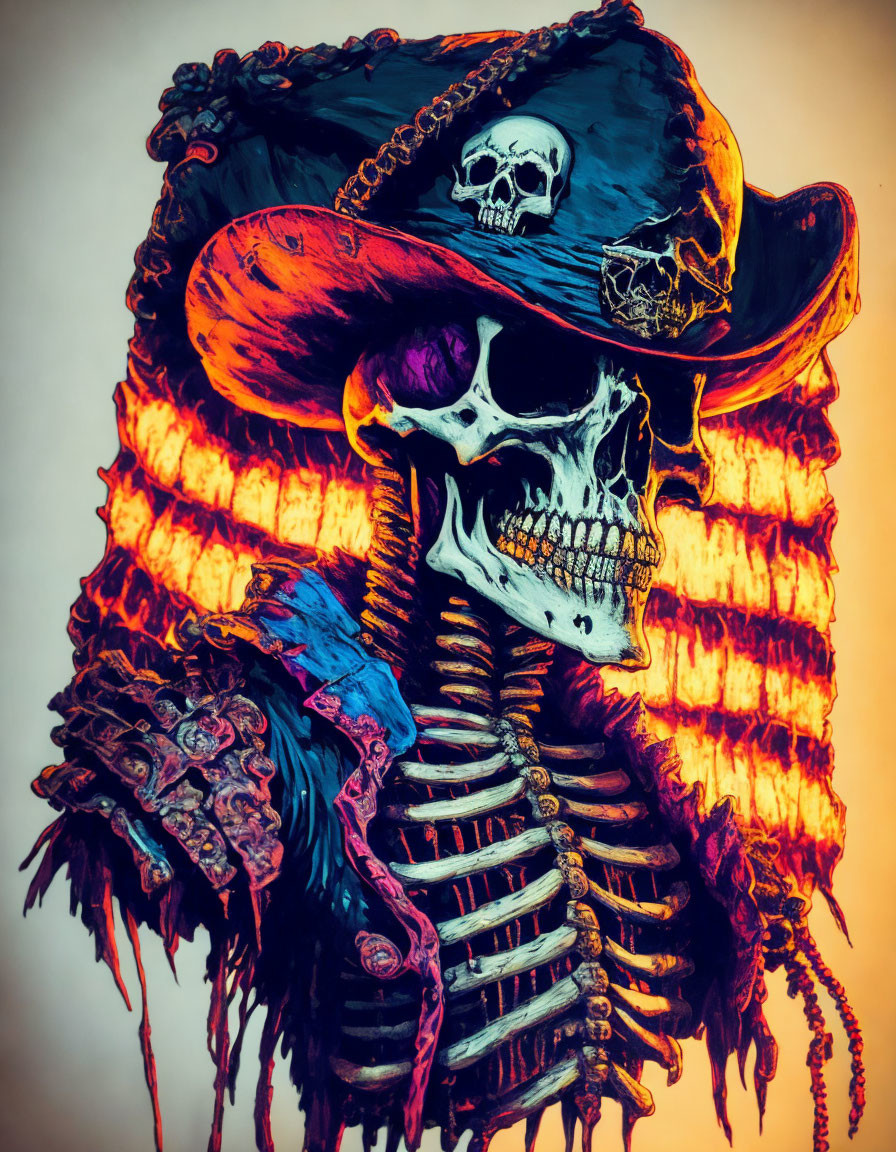 Colorful skeletal figure in pirate hat and tattered clothing portrait.