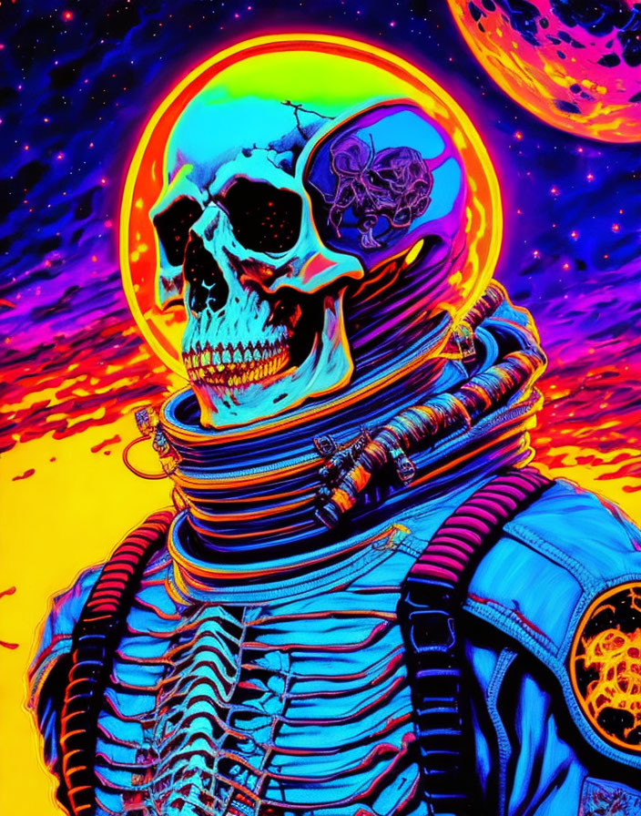 Colorful Skeleton Astronaut in Cosmic Setting with Neon Halo