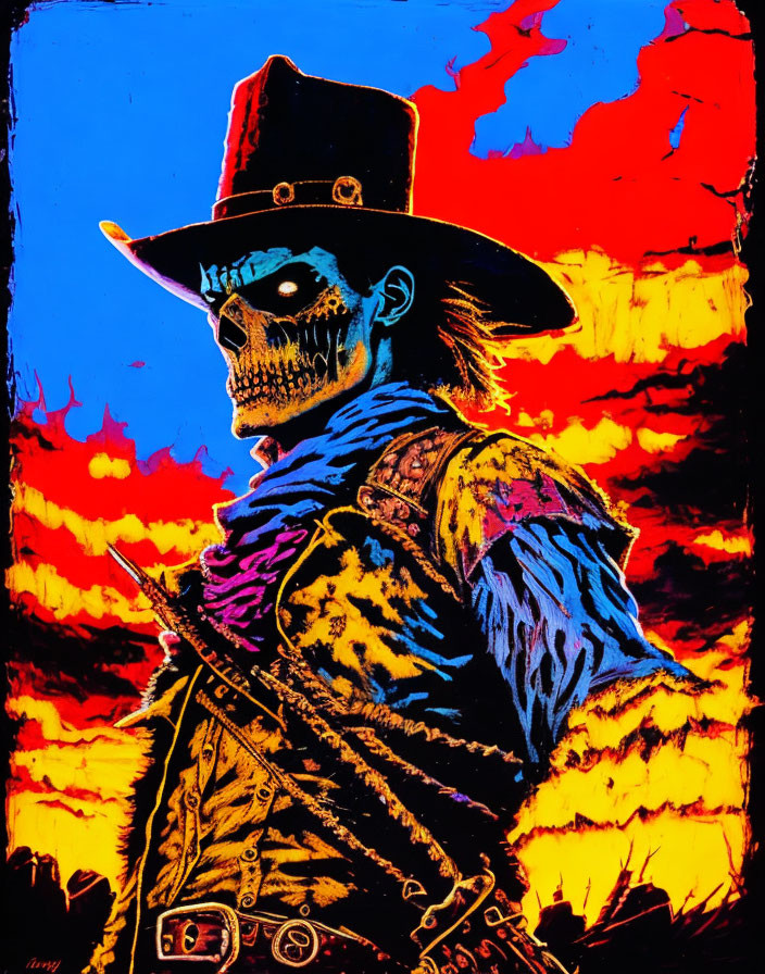 Colorful Skeleton Cowboy Artwork on Red and Blue Background