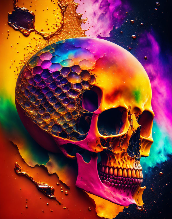 Colorful Skull with Honeycomb Pattern on Multicolored Background