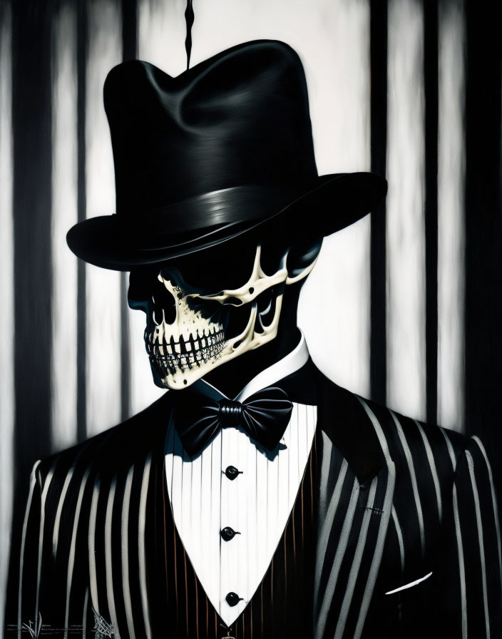 Skeleton in Pinstripe Suit and Bowtie with Top Hat on Surreal Striped Background