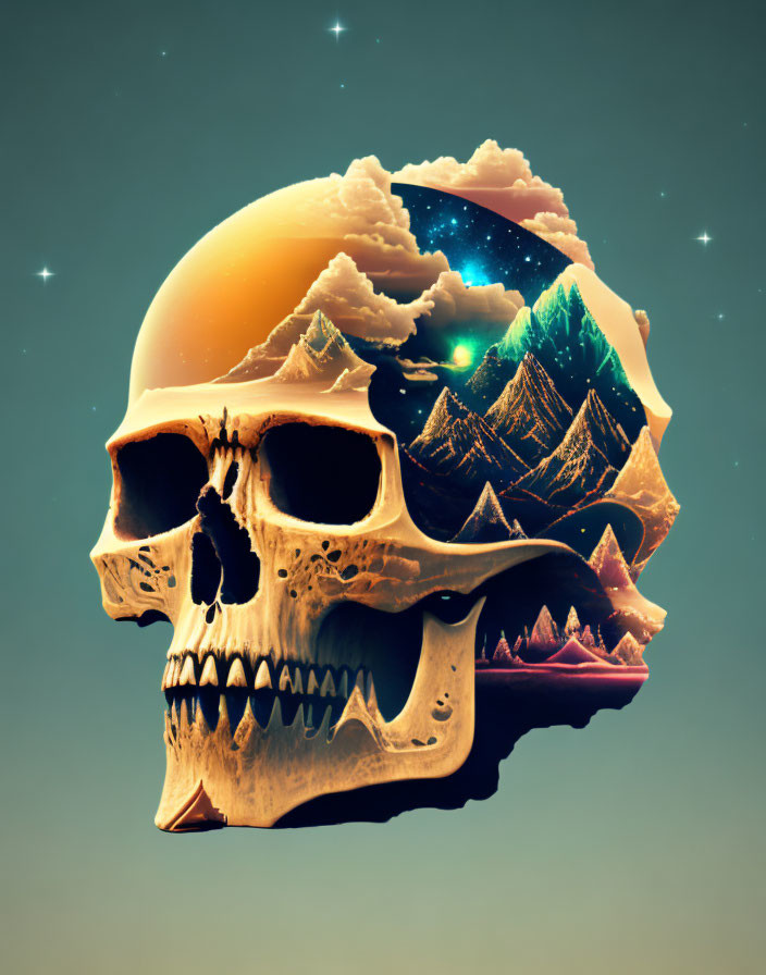 Surreal skull illustration with cosmic landscape inside cranial cavity