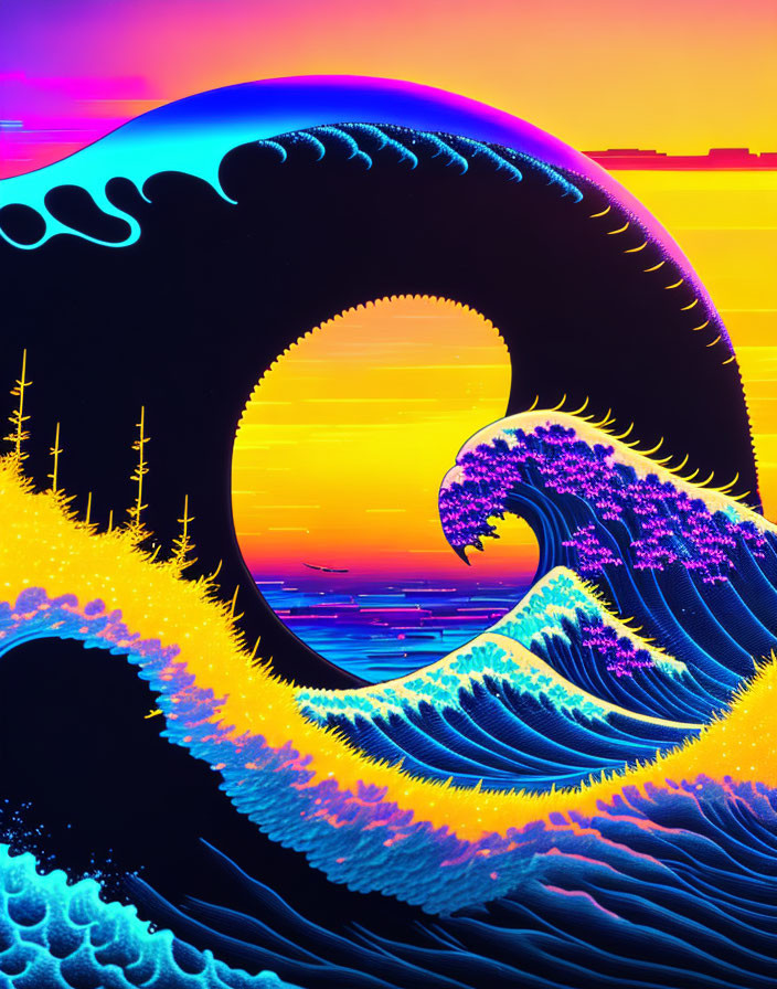 Neon-colored digital artwork inspired by Hokusai's Great Wave with stylized wave, sun,